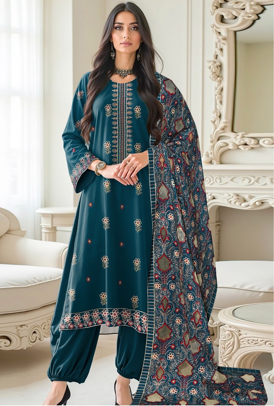 Bareeze 3-piece Dhanak luxury heavy embroidered suit with heavily embroidered aplik shawl – winter collection 2025-2026