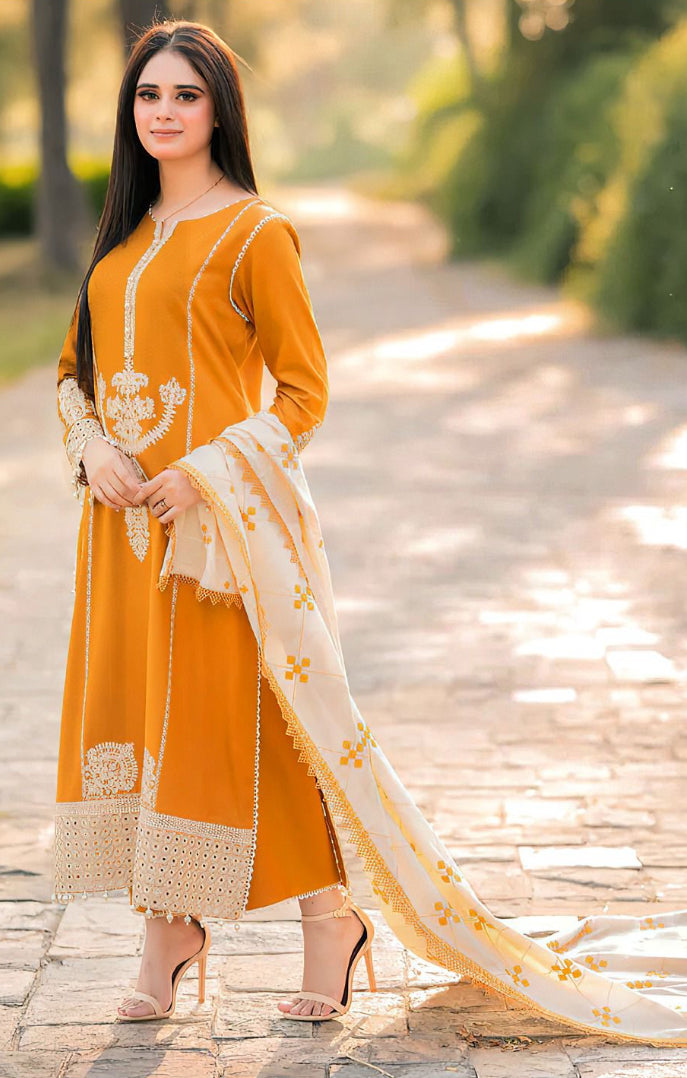 Maria B dhanak 3-piece luxury embroidered suit with border embroidered shawl – winter collection 2025-2026