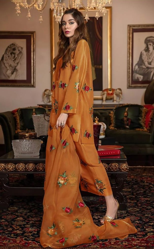 3- piece shamooz silak all over embroidered with organza embroidered dupatta winter collection 2025-26