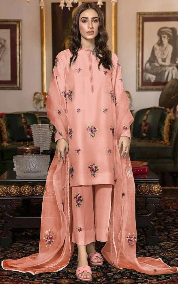3- piece shamooz silak all over embroidered with organza embroidered dupatta winter collection 2025-26