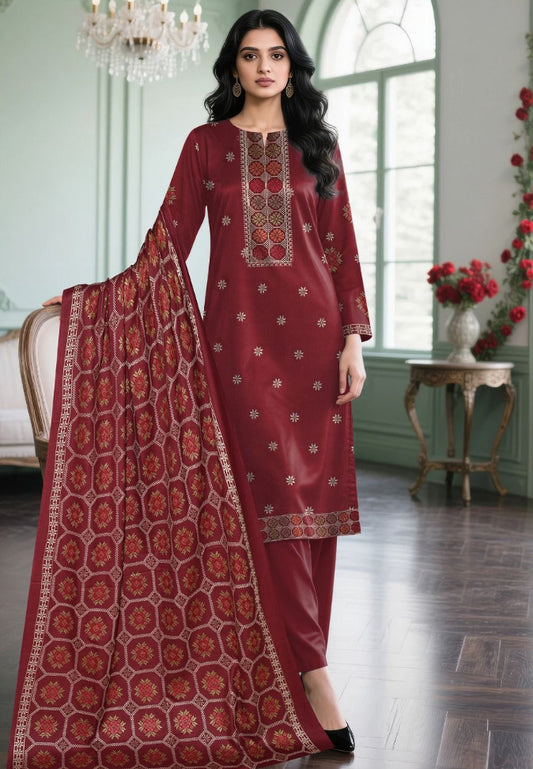Bareeze  dhanak 3-piece luxury heavy embroidered suit with heavily embroidered shawl – winter collection 2025-2026