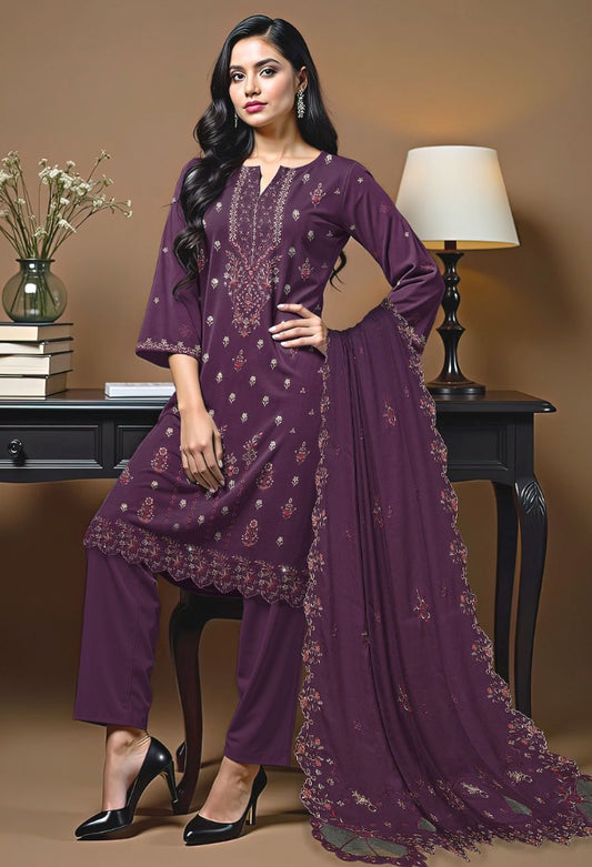 Bareeze 3-piece Dhanak luxury heavy embroidered suit with heavily embroidered laser cut work  shawl – winter collection 2025-2026