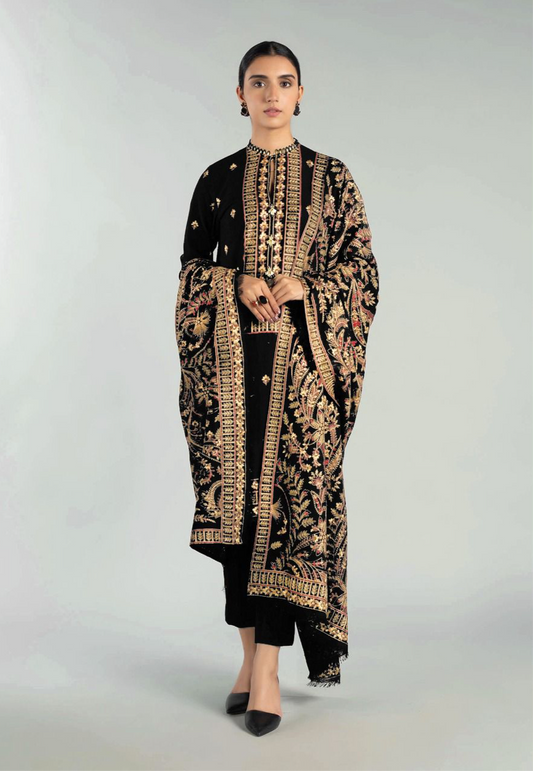 Bareeze dhanak 3-piece luxury heavy embroidered suit with heavily embroidered shawl – winter collection 2025-2026