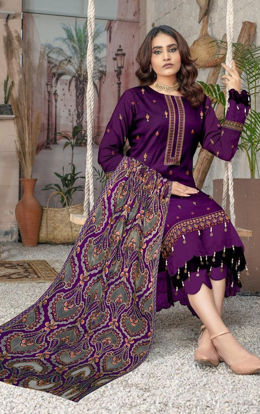 Dhanak 3-Piece Luxury Heavy Embroidered Suit with Heavily Embroidered  aplik Shawl – Winter Collection 2025-2026