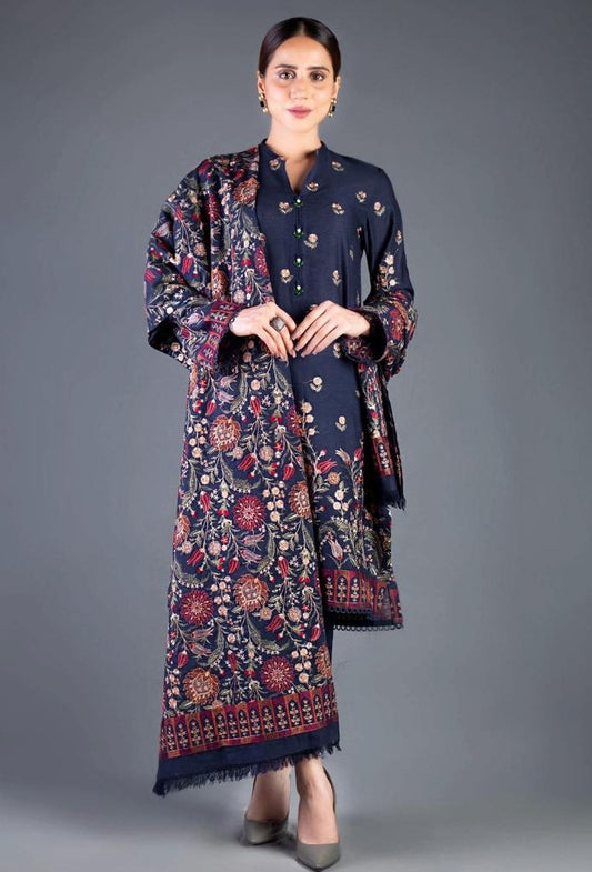 dhanak 3-piece luxury heavy embroidered suit with heavily embroidered aplik shawl – winter collection 2025-2026