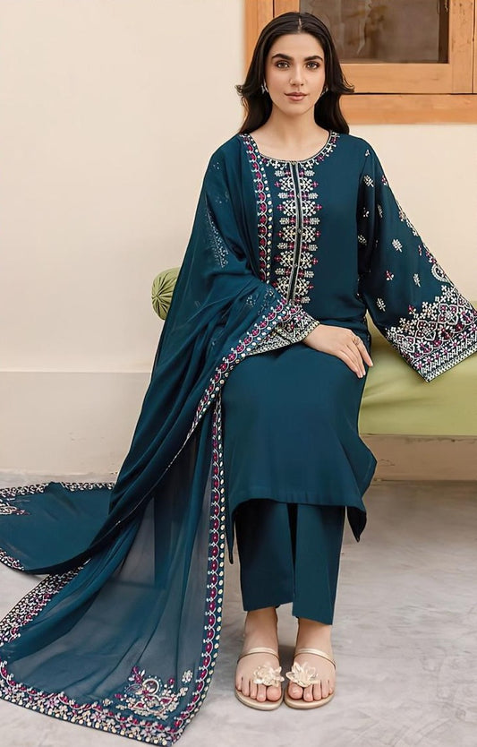 dhanak 3-piece luxury embroidered suit with border embroidered shawl – winter collection 2025-2026