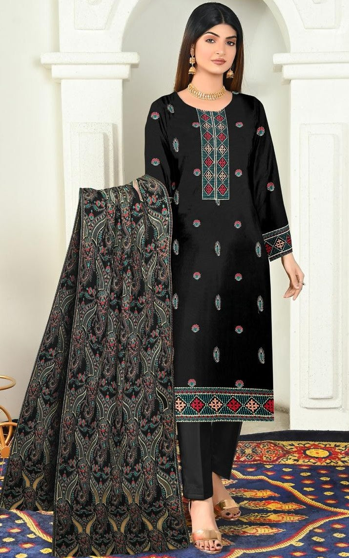 dhanak 3-piece luxury heavy embroidered suit with heavily embroidered aplik shawl – winter collection 2025-2026