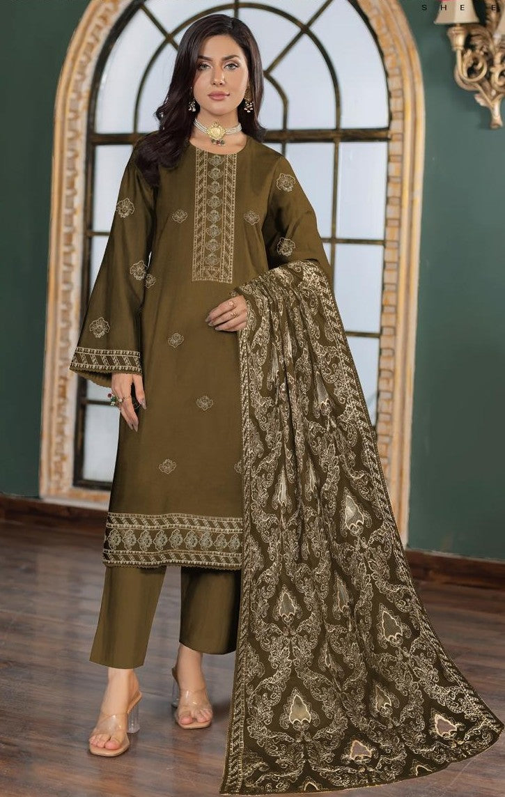 dhanak 3-piece luxury heavy embroidered suit with heavily embroidered aplik shawl – winter collection 2025-2026