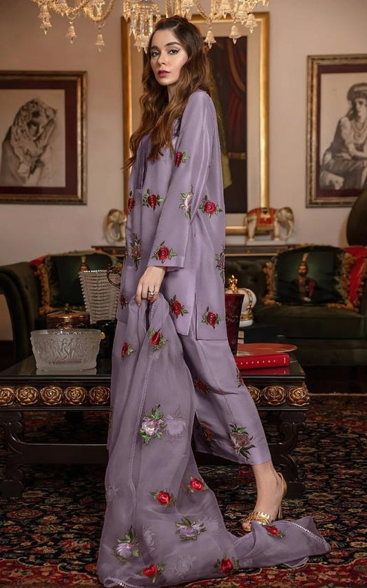 3- piece shamooz silak all over embroidered with organza embroidered dupatta winter collection 2025-26