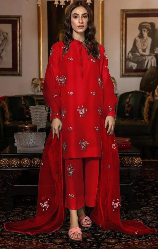 3- piece shamooz silak all over embroidered with organza embroidered dupatta winter collection 2025-26
