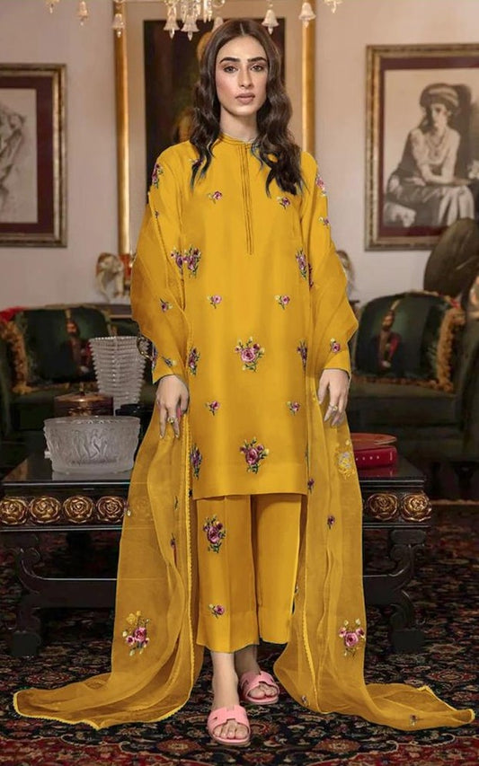 3- piece shamooz silak all over embroidered with organza embroidered dupatta winter collection 2025-26