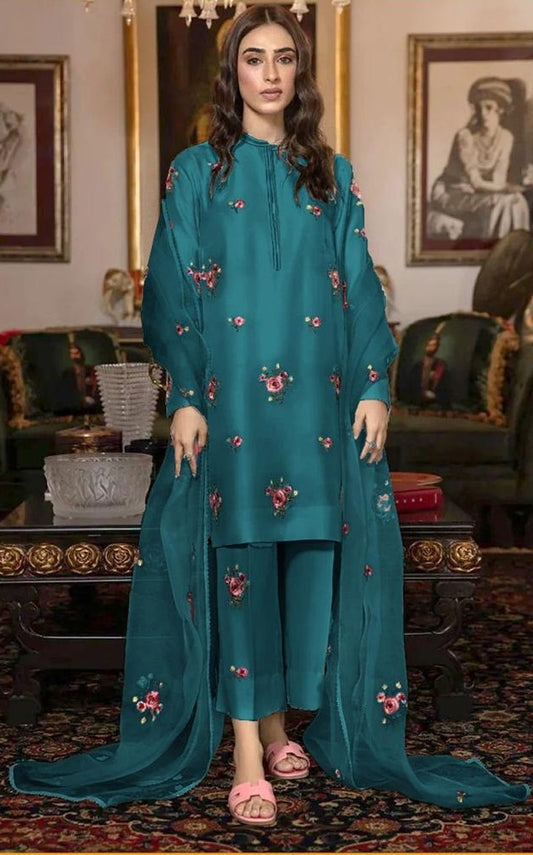 3- piece shamooz silak all over embroidered with organza embroidered dupatta winter collection 2025-26