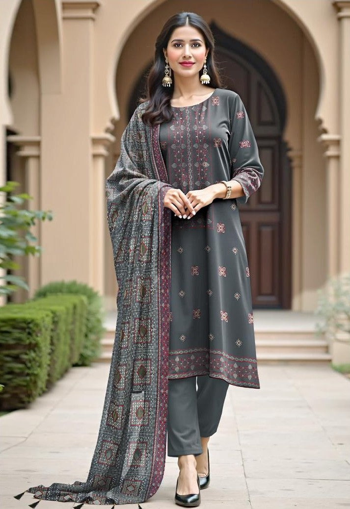 dhanak 3-piece luxury heavy embroidered suit with heavily embroidered aplik shawl – winter collection 2025-2026