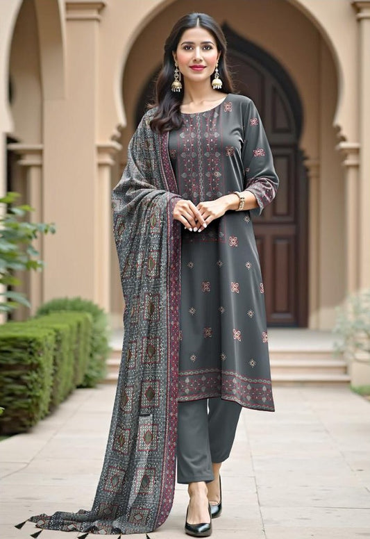dhanak 3-piece luxury heavy embroidered suit with heavily embroidered aplik shawl – winter collection 2025-2026