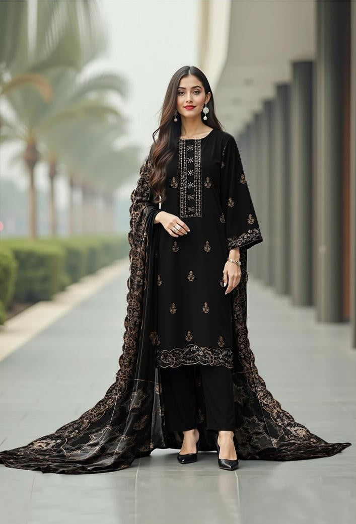 dhanak 3-piece luxury heavy embroidered suit with heavily embroidered aplik shawl – winter collection 2025-2026