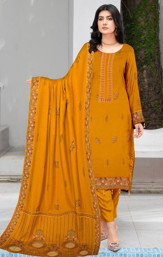 dhanak 3-piece luxury heavy embroidered suit with heavily embroidered aplik shawl – winter collection 2025-2026