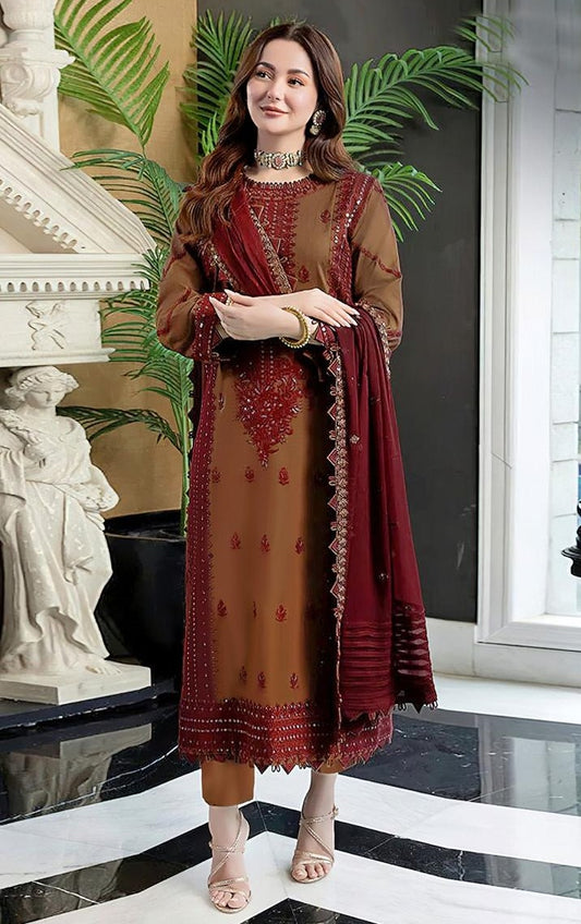 dhanak 3-piece luxury heavy embroidered suit with heavily embroidered  shawl – winter collection 2025-2026